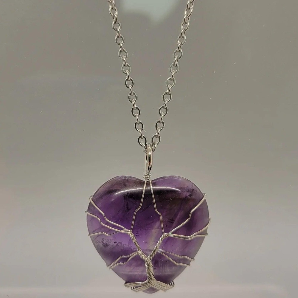 Amethyst Necklace Heart Pendant Wire Wrapped, February Birthstone,   Chain